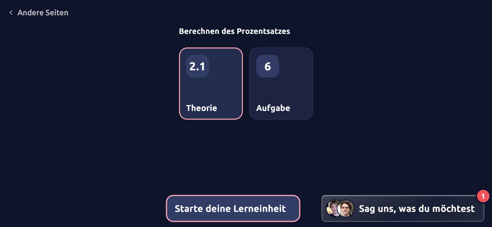 Die Auswahl in der colino-App: Theorie A zu Formeln der Form y = ax + b und Aufgabe 1, darunter der Knopf zum Starten der Lerneinheit.