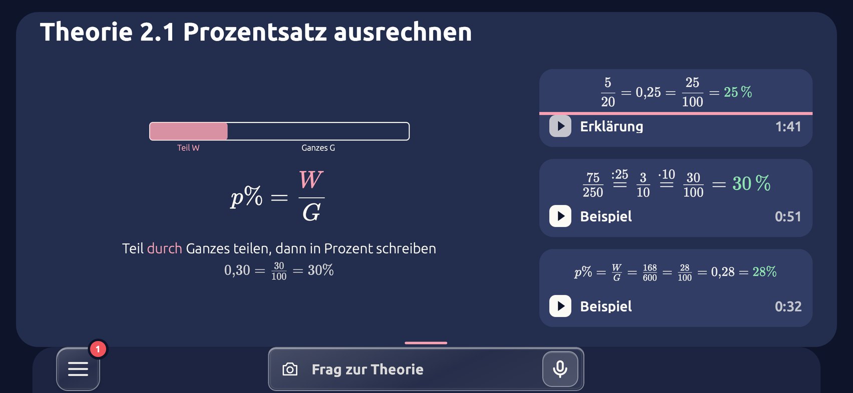 Die Theorieseite in der colino-App: das Erklärvideo zur Theorie (3:25), die Regeln im Merke-Kasten und das Feld für Fragen zur Theorie.